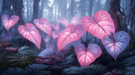 A mesmerizing scene of an enchanted forest featuring heart-shaped leaves glowing softly in a misty atmosphere, evoking a sense of magic and tranquility.の素材