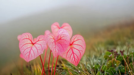 A stunning image of delicate pink heart-shaped leaves with intricate veins, softly blurred in the background, created to evoke feelings of tranquility and beauty in nature.の素材