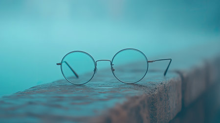 A pair of round glasses peacefully rests on a stone edge beside tranquil water, enveloped in a mysterious fog, creating an artistic ambiance.の素材