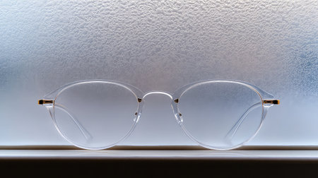 A stylish pair of clear glasses placed against a frosted background. The soft light creates an elegant atmosphere, highlighting the simplicity and modern design.の素材