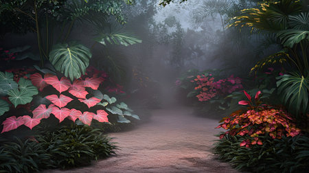 Explore a captivating tropical scene featuring a lush pathway embraced by vibrant plants, enveloped in a mystical mist that creates an enchanting atmosphere.の素材