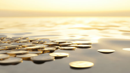 A mesmerizing view of golden coins gently floating on the surface of calm water during sunset, creating a serene and tranquil atmosphere.の素材
