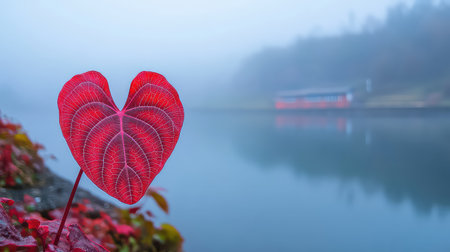 A striking heart-shaped red leaf stands gracefully beside calm water, surrounded by an enchanting fog that creates a dreamy landscape.の素材