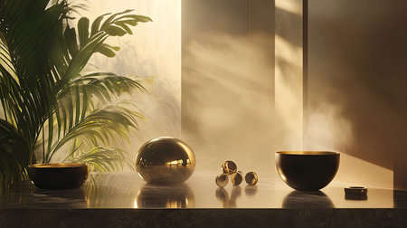 This stunning interior scene features elegant objects harmoniously arranged against soft lighting, exuding a sense of calm and tranquility. The presence of greenery and warm tones enhances the serene ambiance, inviting relaxation and reflection.の素材