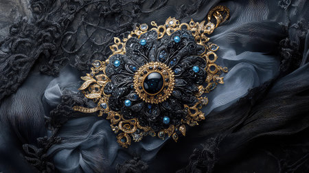 This stunning antique brooch features a complex design with sparkling blue accents set against a luxurious dark fabric backdrop, showcasing exquisite craftsmanship.の素材