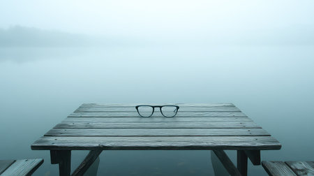 A serene and atmospheric scene featuring a pair of glasses resting on a rustic wooden table beside a fog-blanketed lake. The tranquil setting invites contemplation and reflection in nature.の素材