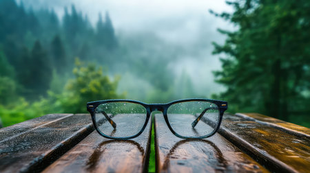 A pair of clear glasses rests on a wooden table, surrounded by a foggy forest. The lenses capture raindrops, enhancing the serene atmosphere.の素材