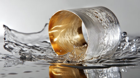 A stunning silver and gold bracelet elegantly rests in a pool of water, creating mesmerizing splashes. The reflection adds depth and allure.の素材