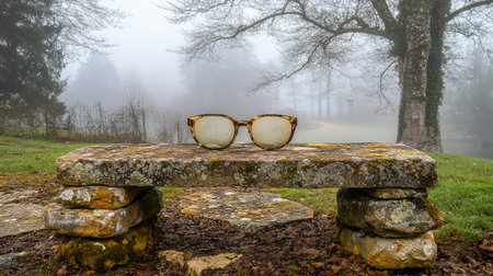 A pair of vintage eyeglasses resting on a rustic stone bench creates an artistic focal point in a mist-covered forest, evoking serene morning vibes.の素材