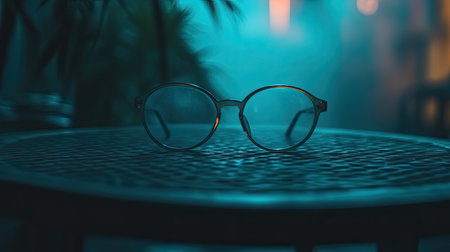 A pair of clear round glasses rests elegantly on a metal table. Surrounded by mist and soft light, this image captures a tranquil moment in a stylish indoor environment.の素材