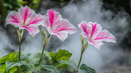 Vibrant pink-striped flowers rise elegantly above lush green leaves, creating a stunning display, accentuated by a soft mist that enhances their natural beauty.の素材