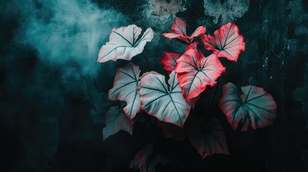 This stunning image showcases vibrant leaves with red edges, beautifully illuminated against a dark background infused with mist, creating a captivating and serene atmosphere.の素材