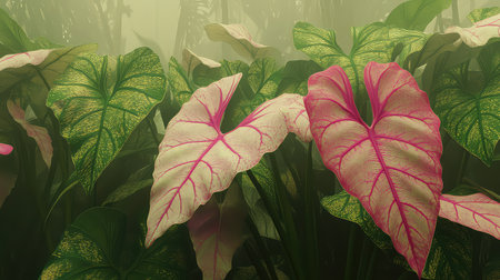 This image captures vibrant heart-shaped leaves in a lush, misty tropical setting, highlighting their unique colors and stunning textures, perfect for showcasing nature's beauty.の素材