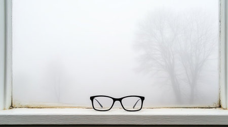 A pair of glasses rests on a windowsill, surrounded by a serene fog. The blurred trees outside create a peaceful and minimalist ambiance, ideal for reflection.の素材