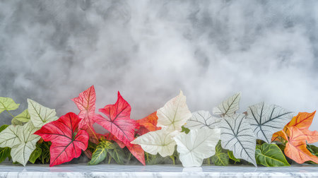 A striking arrangement of colorful caladium leaves showcasing vibrant hues against a soft gray background, creating an artistic and tranquil atmosphere.の素材