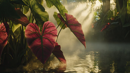 Experience the tranquility of a lush tropical forest where vibrant green and pink leaves emerge from misty waters, creating a serene natural environment.の素材