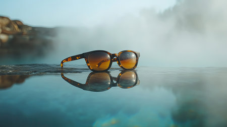 A pair of stylish sunglasses elegantly rests on the border of still water, surrounded by mist, showcasing a serene and tranquil atmosphere perfect for summer days.の素材