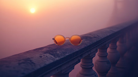 A pair of stylish round sunglasses is perched on a stone railing, set against a backdrop of a hazy sunset illuminated by soft orange hues.の素材