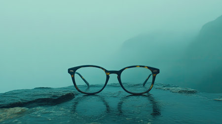 A pair of stylish glasses frames rests on a wet stone surface, set against a foggy backdrop that evokes a sense of mysterious tranquility and beauty.の素材