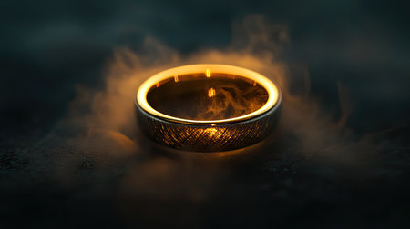 This captivating photograph features a gold ring emitting a warm glow, enveloped in mystical smoke, set against a moody background, creating an enchanting ambiance.の素材
