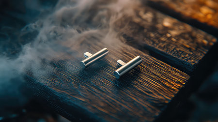 Capture a moment of elegance with metallic cufflinks set against a textured wooden surface, enveloped in soft smoke for a sophisticated vibe.の素材