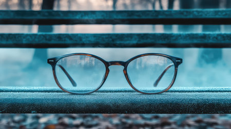 A pair of stylish glasses rests on a frosty bench in a serene outdoor setting, surrounded by soft mist and frost-covered trees, capturing winter's tranquility.の素材