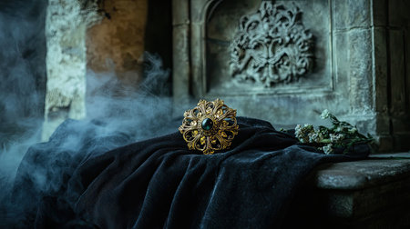 An exquisite antique brooch placed on lush dark velvet, surrounded by soft mystical smoke, creates a captivating atmosphere filled with history and elegance.の素材