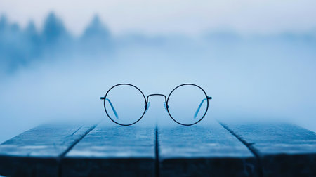 A pair of round glasses rests on a wooden table, enveloped in a soft, foggy landscape, evoking feelings of mystery and tranquility in serene blue tones.の素材
