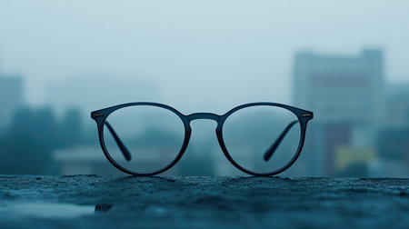 A pair of fashionable eyeglasses sits on a textured surface, overlooking a misty urban landscape. The soft fog creates a serene atmosphere, perfect for illustrating vision and clarity.の素材