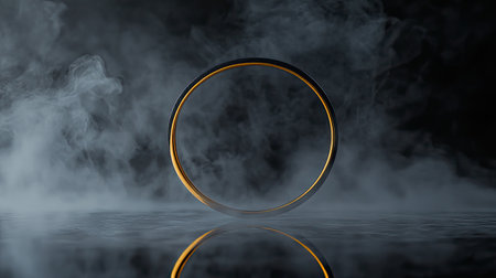 A striking golden ring stands out against a backdrop of softly swirling smoke on a reflective surface, evoking a sense of elegance and mystery.の素材
