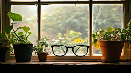 A charming composition featuring a pair of glasses resting on a vintage wooden windowsill surrounded by potted plants, creating a serene indoor atmosphere.の素材