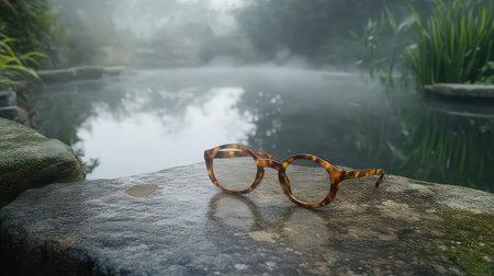 A pair of stylish tortoiseshell glasses rests on a textured stone surface beside a misty water feature, surrounded by lush flora and a serene atmosphere.の素材