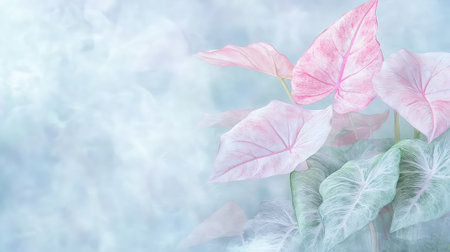 A stunning arrangement of delicate pink leaves set against a soft, cloudy background, perfect for concepts of beauty, nature, and tranquility in design.の素材