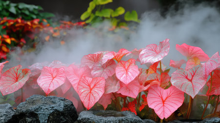 An enchanting garden scene showcasing vibrant pink leaves surrounded by lush greenery and mist. The serene atmosphere creates a calming environment.の素材