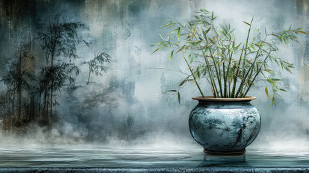 This artwork showcases a beautiful bamboo arrangement in a decorative pot, surrounded by a soft, misty background, evoking a serene and tranquil atmosphere.の素材
