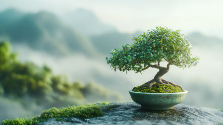 This enchanting image features a delicate bonsai tree placed delicately on moss-covered earth, surrounded by a mystical landscape. The soft light and dreamy background evoke a sense of peace and tranquility, making it ideal for wellness themes.の素材