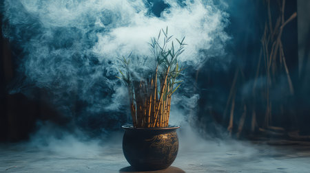 A calming display featuring a bamboo plant in a decorative pot, enveloped in soft smoke and fog. This serene composition embodies tranquility, elegance, and a mystical atmosphere, perfect for enhancing indoor spaces.の素材