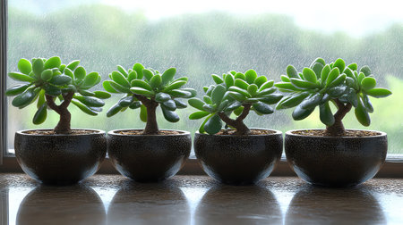 A serene arrangement of four potted succulent plants displayed on a wooden surface near a window. The plants display vibrant green leaves, capturing the essence of nature indoors.の素材