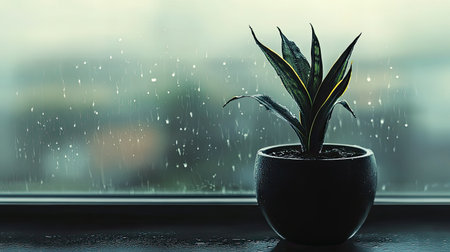 A serene indoor scene featuring a lush green plant in a pot set against a rain-soaked window. The water droplets create a calming effect, enhancing the peaceful atmosphere.の素材