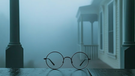 A pair of round glasses rest on a wooden table, set against a foggy backdrop featuring an abandoned house, evoking mystery and tranquility.の素材