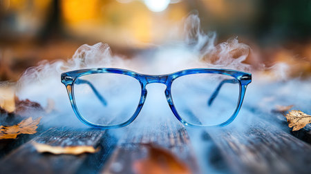 This captivating image features stylish glasses surrounded by soft mist, set against a backdrop of vibrant autumn leaves, creating a tranquil moment.の素材