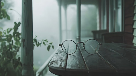 A pair of round glasses lies on a wet wooden table, inviting contemplation amid a serene, foggy outdoor setting. The atmosphere feels calm and reflective.の素材