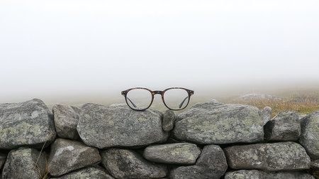 A pair of stylish glasses rests atop a rugged stone wall, enveloped in a soft fog that adds an air of mystery and serenity to the scene.の素材