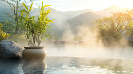 A tranquil scene featuring a bamboo plant in a pot beside still water, shrouded in mist, as the sun rises over a beautiful mountainous landscape.の素材