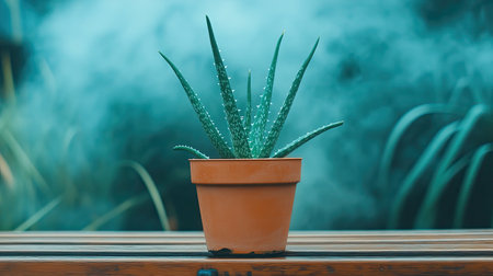 A vibrant green aloe vera plant sits in a clay pot against a misty background, creating a tranquil atmosphere perfect for home decoration or wellness themes.の素材