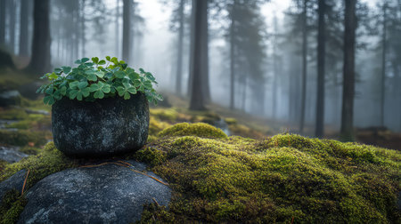 A serene forest scene showcasing a small pot of green plants atop a moss-covered rock, enveloped by mist and surrounded by tall trees, embodying peaceful nature.の素材