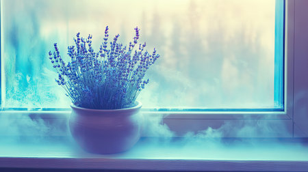 A tranquil scene featuring a lavender plant in a white pot placed on a frosted window sill. Soft morning light and mist create a serene atmosphere.の素材