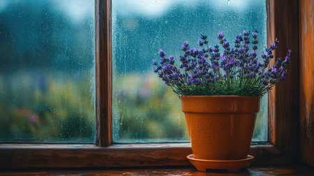 A serene indoor scene featuring a lavender plant in a terracotta pot, positioned by a rainy window, with soft light enhancing the peaceful atmosphere.の素材