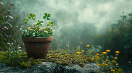 A charming green clover plant thrives in a rustic pot, surrounded by colorful flowers and a misty atmosphere, capturing the essence of serene nature.の素材