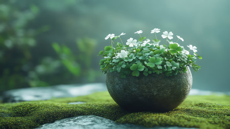 A beautiful bowl filled with lush greenery and delicate white flowers creates a serene atmosphere, perfect for nature lovers seeking calm and inspiration.の素材